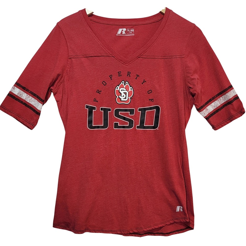Russell Athletic University of South Dakota USD Coyotes Red‎ V-Neck Shirt XL 15
